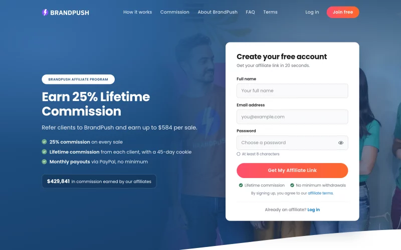 The affiliate program page with the 25% lifetime commission offer and the sign-up form