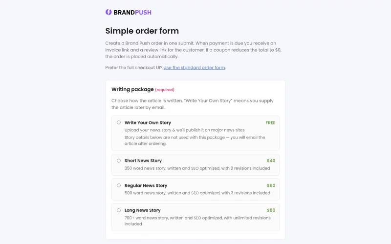 The one-page Simple order form, starting with the choice of writing package