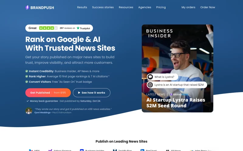 The top of the redesigned homepage: Rank on Google and AI With Trusted News Sites, with the Get Published button