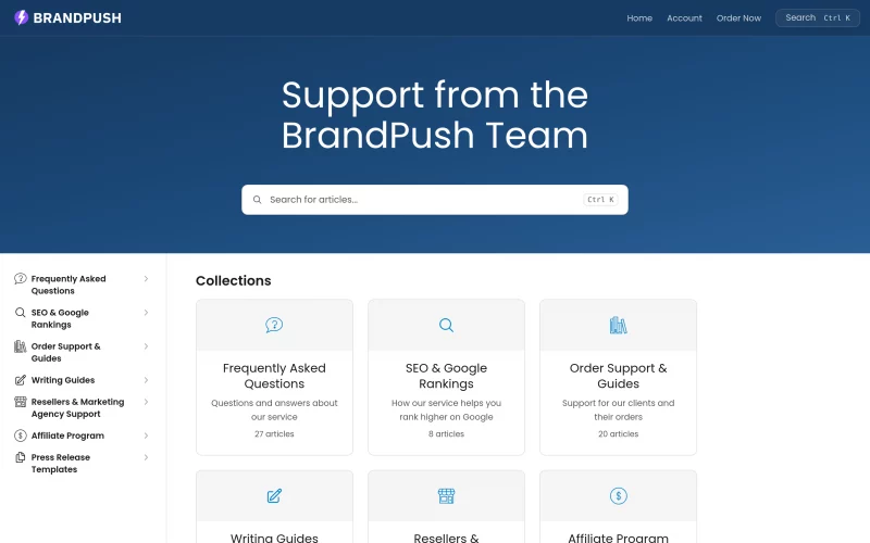 The BrandPush Help Center home page with a search box and article collections