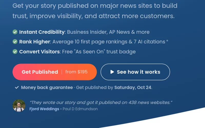 The homepage's Get Published button, with the line: Money back guarantee, get published by Saturday, Oct 24