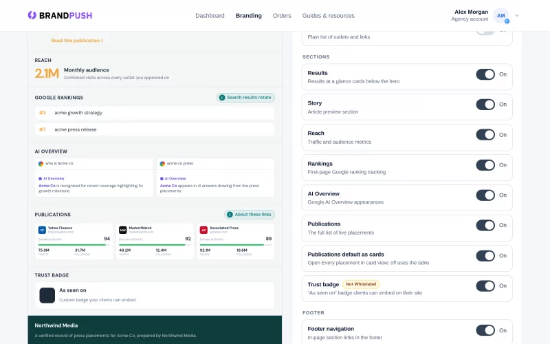 A reseller's Branding settings with sample data: the Trust badge switch turned on and the report preview showing the badge