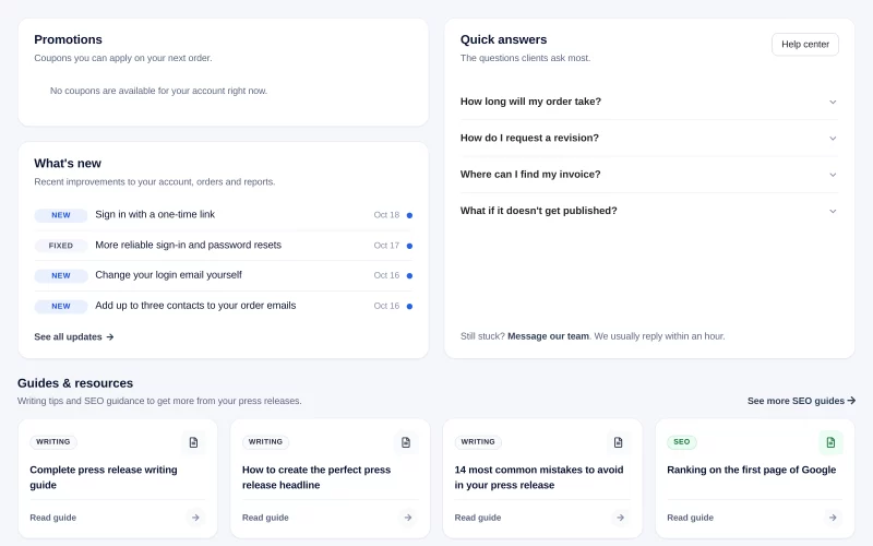 The client dashboard's What's new card listing recent updates, next to Promotions and Quick answers