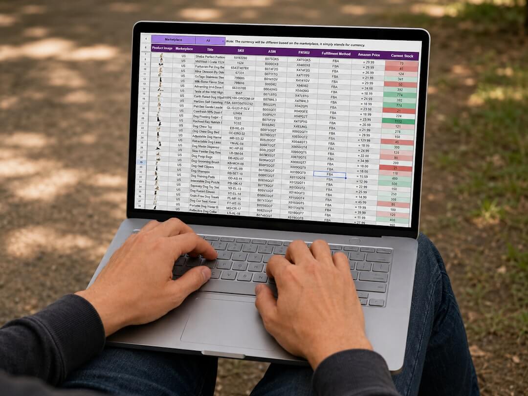 Hands typing on a laptop displaying a data spreadsheet.