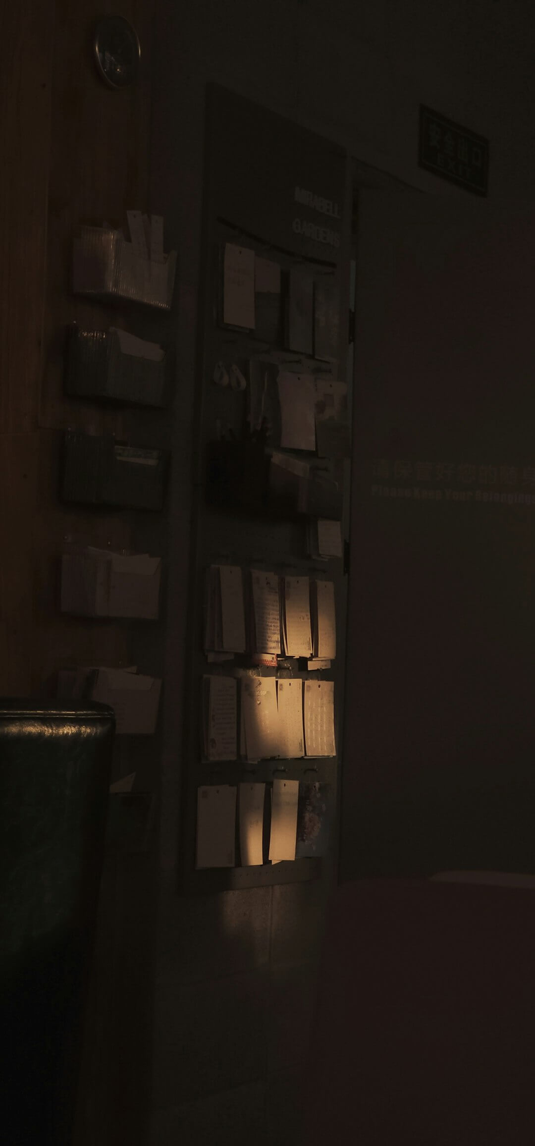 Sunlight illuminates a bulletin board with papers